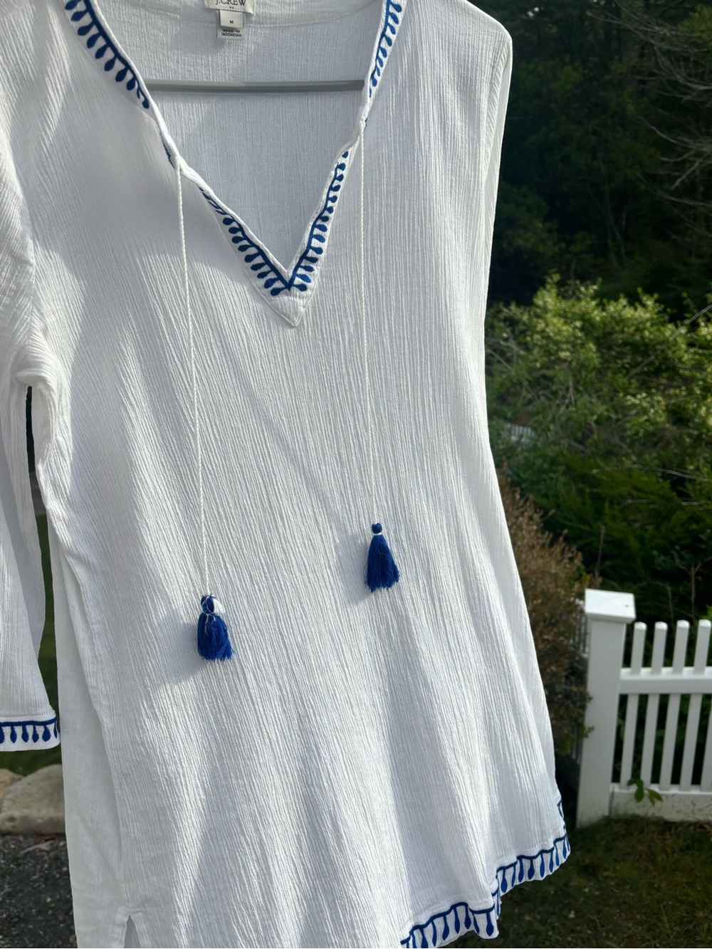 J.Crew White Cotton Tunic Cover Up Blue Tassel Embroidered Medium - Picture 5 of 11